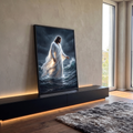 Quadro Decorativo Grande Jesus Caminhando Branco para Sala | quadros decorativos para sala | homem de túnica branca caminhando sobre o mar durante tempestade intensa | em Quadros para Sala | Porao dos Quadros