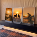 Quadro Decorativo Kit 3 Telas Surfistas e Cães para Sala | quadros decorativos para sala | surfistas, cães pastor alemão e surfe ao pôr do sol em tons dourados | em Quadros para Sala | Porao dos Quadros