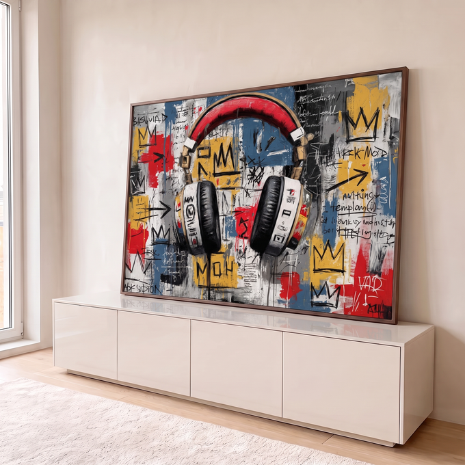 Quadro Decorativo Grande Fone de Ouvido para Sala Vermelho | quadros decorativos para sala | fone de ouvido vermelho e preto em fundo grafite colorido com coroas e rabiscos | em Quadros para Sala | Porao dos Quadros