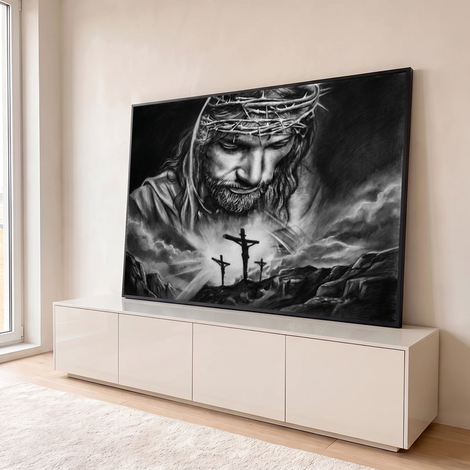 Quadro Decorativo Grande Jesus Cristo Coroa para Sala Preto | quadros decorativos para sala | rosto de Jesus com coroa de espinhos sobre três cruzes em preto e branco | em Quadros para Sala | Porao dos Quadros