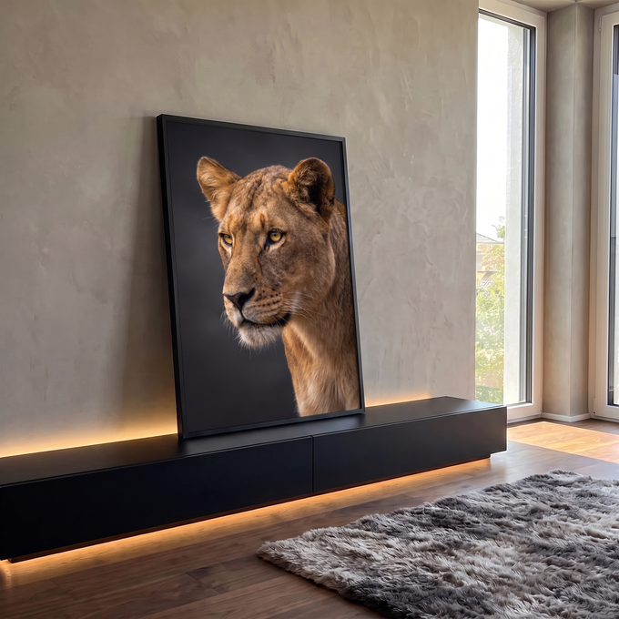 Quadro Decorativo Grande Leoa em Retrato para Sala Dourado | quadros decorativos para sala | leoa em close com olhos âmbar e bigodes brancos sobre fundo cinza | em Quadros para Sala | Porao dos Quadros