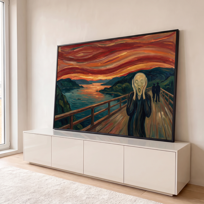 Quadro Decorativo Grande Grito de Edvard para Sala Vermelho | quadros decorativos para sala | figura em grito numa ponte com céu vermelho ondulado ao fundo | em Quadros para Sala | Porao dos Quadros