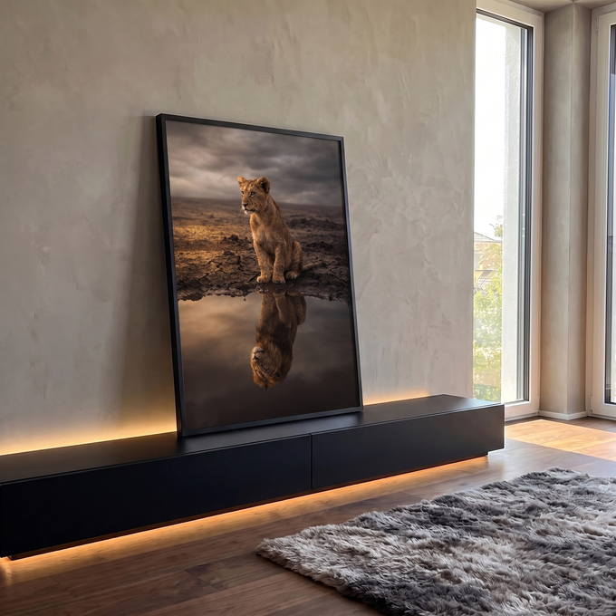 Quadro Decorativo Grande Filhote de Leão para Sala Dourado | quadros decorativos para sala | filhote de leão sentado em solo rachado com reflexo de leão adulto na água | em Quadros para Sala | Porao dos Quadros