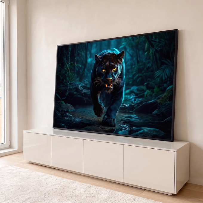 Quadro Decorativo Grande Pantera Negra Selva para Sala Preto | quadros decorativos para sala | pantera negra de olhos amarelos caminhando por riacho na selva iluminada em azul | em Quadros para Sala | Porao dos Quadros