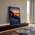 Quadro Decorativo Grande Corrente de Ferro para Sala Laranja | quadros decorativos para sala | elo de corrente enferrujada em primeiro plano com pôr do sol sobre o mar ao fundo | Porao dos Quadros