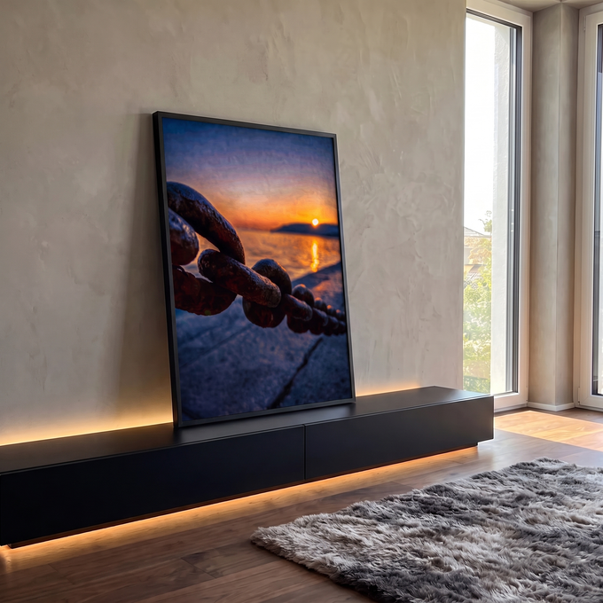 Quadro Decorativo Grande Corrente de Ferro para Sala Laranja | quadros decorativos para sala | elo de corrente enferrujada em primeiro plano com pôr do sol sobre o mar ao fundo | Porao dos Quadros