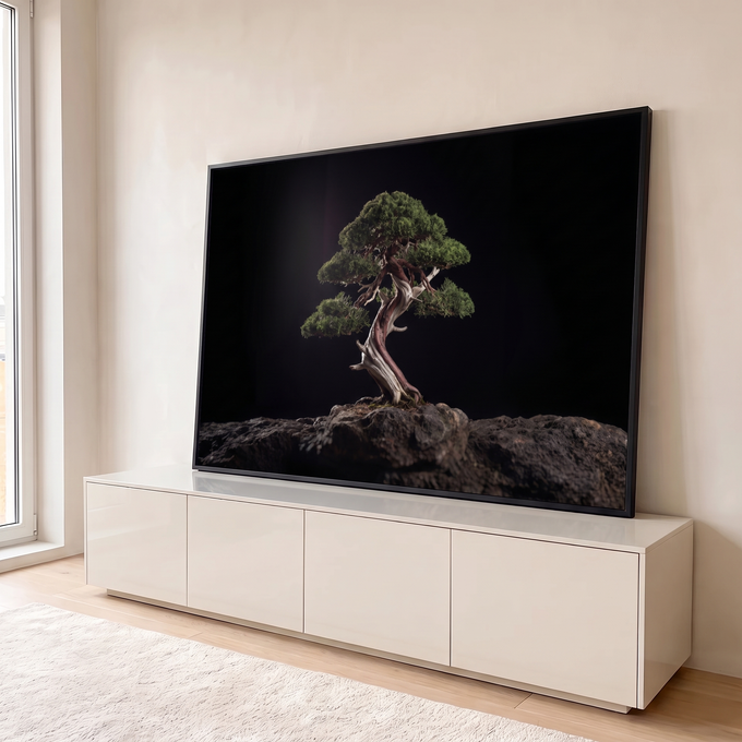 Quadro Decorativo Grande Bonsai com Tronco para Sala Preto | quadros decorativos para sala | bonsai verde com tronco retorcido de madeira clara sobre rocha em fundo preto | em Quadros para Sala | Porao dos Quadros