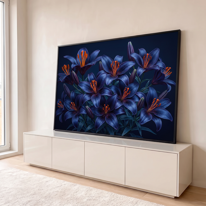 Quadro Decorativo Grande Lírios Azuis para Sala Azul | quadros decorativos para sala | lírios azul-marinho com estames laranja e gotas de orvalho sobre fundo escuro | em Quadros para Sala | Porao dos Quadros