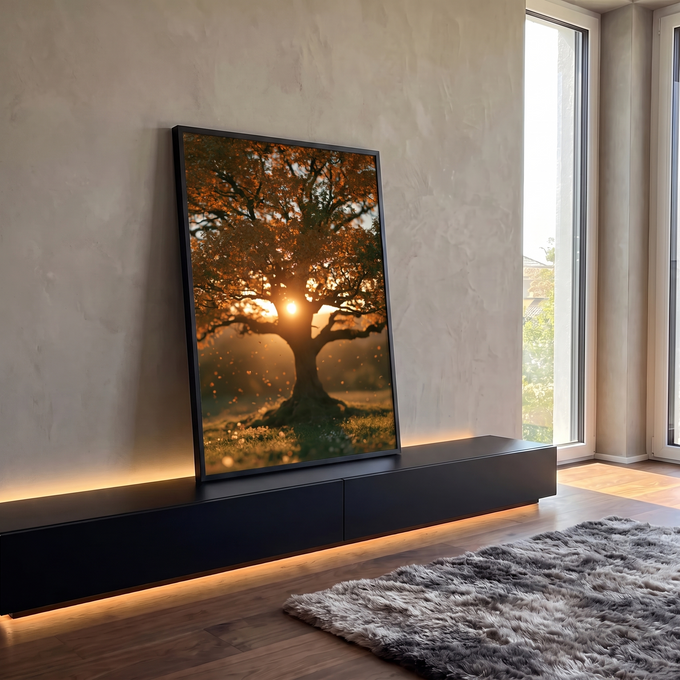 Quadro Decorativo Árvore Dourada ao Pôr do Sol | quadros decorativos para sala | árvore de folhas douradas em contraluz com o sol atrás do tronco ao entardecer | em Quadros para Sala | Porao dos Quadros