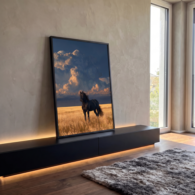 Cavalo preto em campo de trigo dourado sob nuvens de tempestade ao entardecer, quadro decorativo