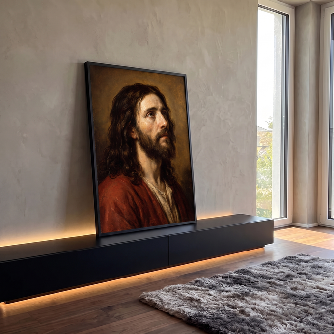 Retrato de Jesus de perfil em óleo, manto vermelho e olhar ao céu sobre fundo marrom, quadro decorativo