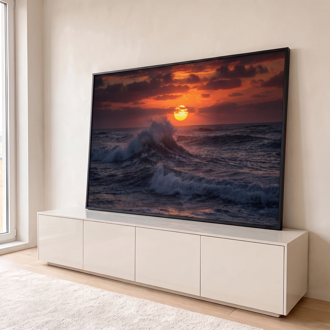 Quadro Decorativo Grande Pôr do Sol Mar para Sala | quadros decorativos para sala | onda quebrando em espuma branca contra pôr do sol alaranjado no oceano | em Quadros para Sala | Porao dos Quadros