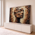 Rosto feminino de olhos fechados em blocos 3D enferrujados sobre partitura musical, quadro decorativo