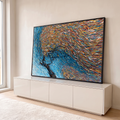 Quadro Decorativo Árvore em Turbilhão Azul e Dourado | quadros decorativos para sala | árvore preta em meio a turbilhão de linhas azuis e douradas | em Quadros para Sala | Porao dos Quadros