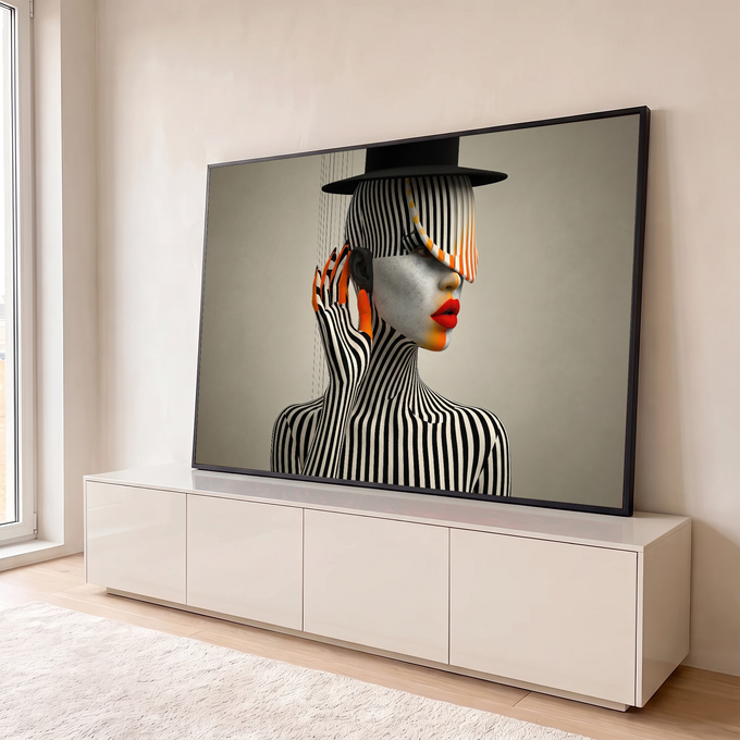 Mulher surreal com listras preto e branco, cartola preta, lábios vermelhos e unhas laranja, quadro decorativo