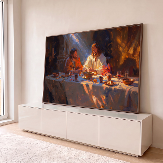 Quadro Decorativo Grande Jesus e Discípulo para Sala Laranja | quadros decorativos para sala | dois homens à mesa com pão e vinho sob feixe de luz dourada | em Quadros para Sala | Porao dos Quadros