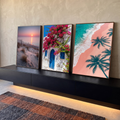 Quadro Decorativo Kit 3 Telas Praia Casa para Sala Rosa | quadros decorativos para sala | tríptico com pôr do sol na praia, casa branca de porta azul e vista aérea de praia rosa | em Quadros para Sala | Porao dos Quadros
