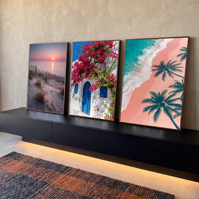Quadro Decorativo Kit 3 Telas Praia Casa para Sala Rosa | quadros decorativos para sala | tríptico com pôr do sol na praia, casa branca de porta azul e vista aérea de praia rosa | em Quadros para Sala | Porao dos Quadros