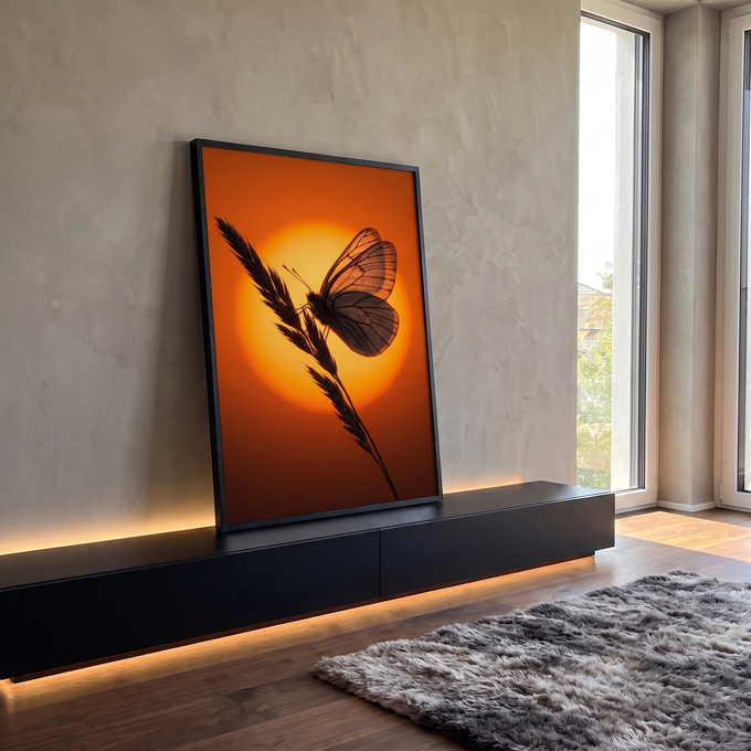 Quadro Decorativo Grande Borboleta ao Pôr do Sol para Sala | quadros decorativos para sala | borboleta em contraluz com asas transparentes sobre sol laranja intenso | em Quadros para Sala | Porao dos Quadros