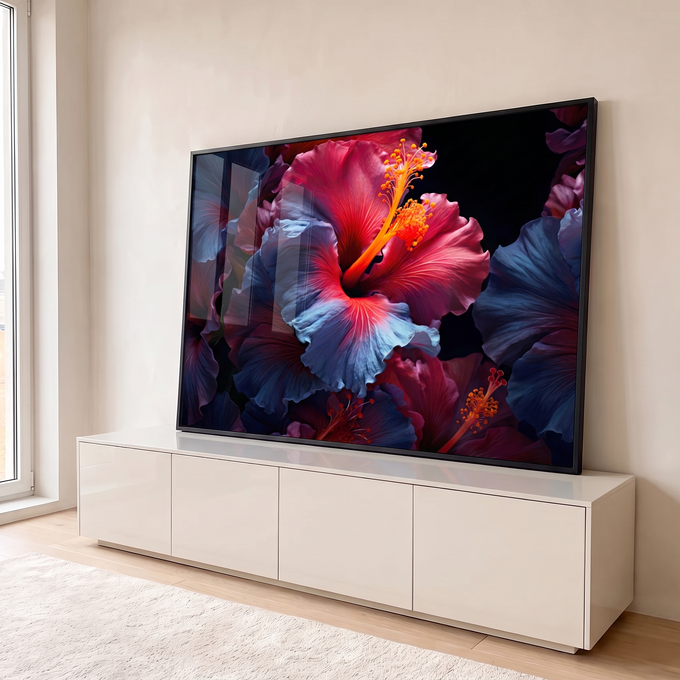 Quadro Decorativo Grande Hibisco e Azul para Sala Vermelho | quadros decorativos para sala | flores de hibisco em close com pétalas vermelhas e azuis e estames laranja | em Quadros para Sala | Porao dos Quadros