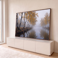 Quadro Decorativo Grande Bétulas Douradas para Sala Branco | quadros decorativos para sala | fileira de bétulas com folhas douradas refletidas em rio enevoado no outono | em Quadros para Sala | Porao dos Quadros