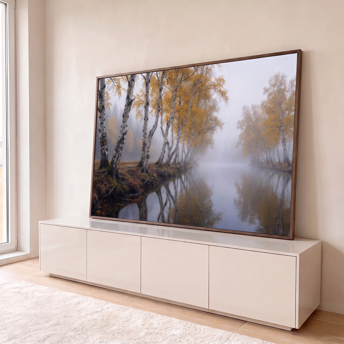 Quadro Decorativo Grande Bétulas Douradas para Sala Branco | quadros decorativos para sala | fileira de bétulas com folhas douradas refletidas em rio enevoado no outono | em Quadros para Sala | Porao dos Quadros