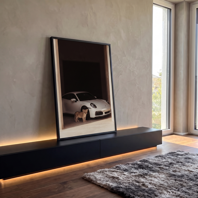 Porsche 911 branco em garagem escura com filhote de leão, fotografia em tons bege, quadro decorativo