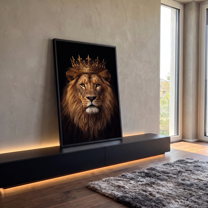 Quadro Decorativo Grande Leão com Coroa Preto para Sala | quadros decorativos para sala | leão com juba dourada usando coroa real sobre fundo preto | em Quadros para Sala | Porao dos Quadros