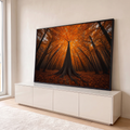 Quadro Decorativo Grande Floresta Árvores para Sala Laranja | quadros decorativos para sala | floresta de outono vista de baixo com copa densa em tons laranja e âmbar | em Quadros para Sala | Porao dos Quadros