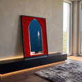 Arco vermelho com vista para o mar azul, veleiro branco e gato preto no parapeito, quadro decorativo