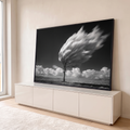 Árvore solitária com copa em movimento pelo vento, céu escuro e nuvens em preto e branco, quadro decorativo
