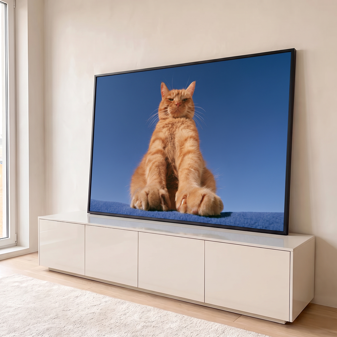 Quadro Decorativo Grande Gato Laranja para Sala Azul | quadros decorativos para sala | gato laranja sentado com patas estendidas, ângulo baixo, fundo azul | em Quadros para Sala | Porao dos Quadros