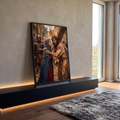 Quadro Decorativo Grande Jesus Carregando Marrom para Sala | quadros decorativos para sala | Jesus com coroa de espinhos carrega cruz de madeira enquanto mulher toca seu peito | em Quadros para Sala | Porao dos Quadros