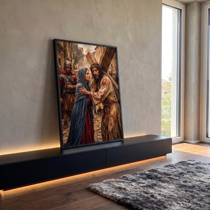 Quadro Decorativo Grande Jesus Carregando Marrom para Sala | quadros decorativos para sala | Jesus com coroa de espinhos carrega cruz de madeira enquanto mulher toca seu peito | em Quadros para Sala | Porao dos Quadros