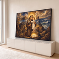 Santo Antônio abraça o Menino Jesus com lírio e Bíblia à beira-mar, pintura marrom, quadro decorativo