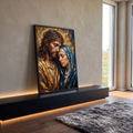 Quadro Decorativo Grande Jesus e Maria em Lágrimas para Sala | quadros decorativos para sala | Jesus com coroa de espinhos encostando o rosto em Nossa Senhora chorando, fundo dourado | em Quadros para Sala | Porao dos Quadros