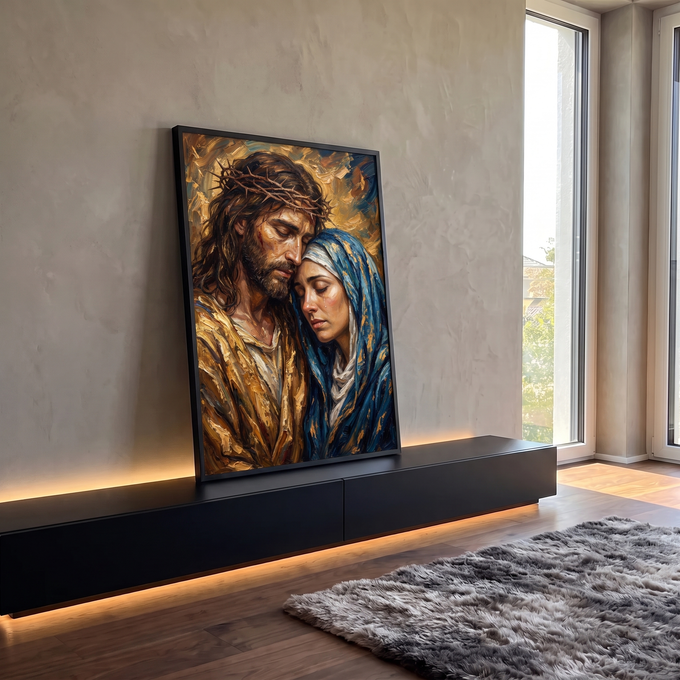 Quadro Decorativo Grande Jesus e Maria em Lágrimas para Sala | quadros decorativos para sala | Jesus com coroa de espinhos encostando o rosto em Nossa Senhora chorando, fundo dourado | em Quadros para Sala | Porao dos Quadros