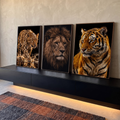 Quadro Decorativo Kit 3 Telas Leopardo Leão para Sala Preto | quadros decorativos para sala | leopardo, leão e tigre em fundo preto, estilo fotografia realista | em Quadros para Sala | Porao dos Quadros