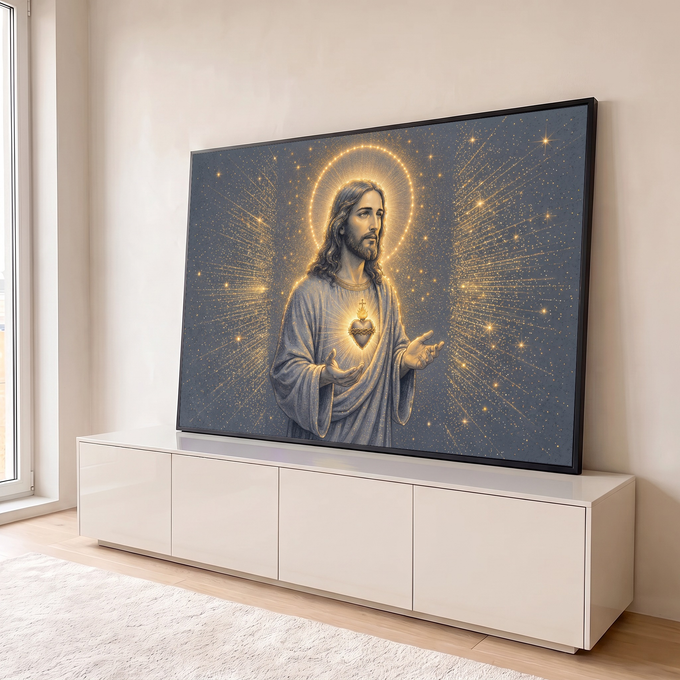 Jesus de mãos abertas com o Sagrado Coração dourado, auréola e estrelas em fundo cinza, quadro decorativo
