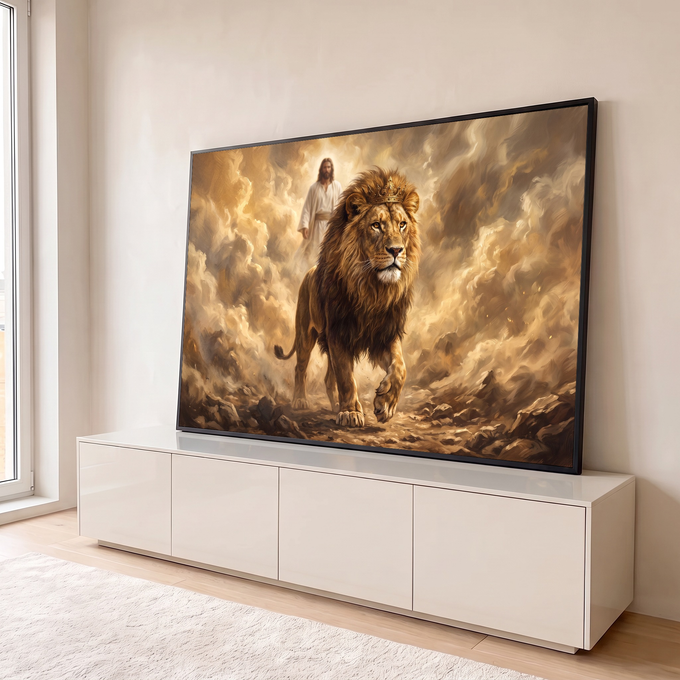 Leão coroado caminhando entre nuvens douradas com Jesus ao fundo, pintura a óleo, quadro decorativo