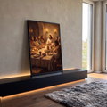 Quadro Decorativo Grande Santa Ceia Jesus para Sala Marrom | quadros decorativos para sala | Jesus e apóstolos reunidos à mesa em cena da Santa Ceia com velas acesas | em Quadros para Sala | Porao dos Quadros