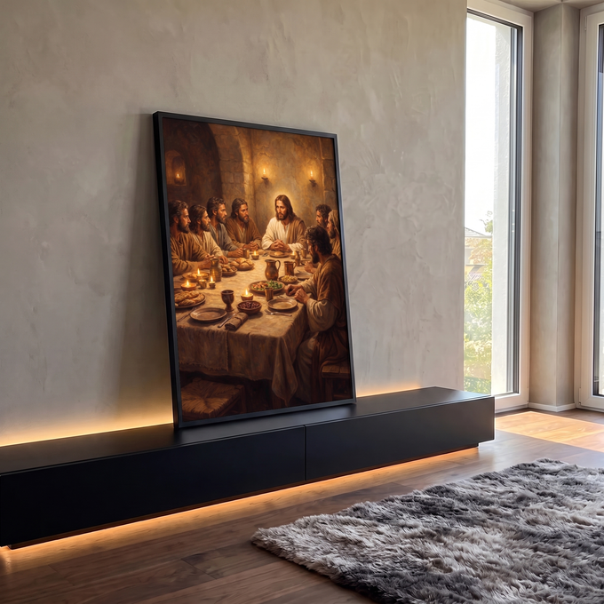 Quadro Decorativo Grande Santa Ceia Jesus para Sala Marrom | quadros decorativos para sala | Jesus e apóstolos reunidos à mesa em cena da Santa Ceia com velas acesas | em Quadros para Sala | Porao dos Quadros