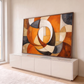 Quadro Decorativo Grande Abstrato Curvas para Sala Laranja | quadros decorativos para sala | composição abstrata geométrica com círculos sobrepostos em laranja, marrom, bege e cinza | em Quadros para Sala | Porao dos Quadros