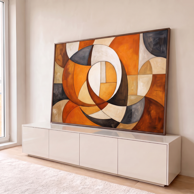 Quadro Decorativo Grande Abstrato Curvas para Sala Laranja | quadros decorativos para sala | composição abstrata geométrica com círculos sobrepostos em laranja, marrom, bege e cinza | em Quadros para Sala | Porao dos Quadros