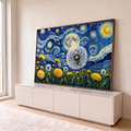 Quadro Decorativo Grande Dandelions sob Céu para Sala Azul | quadros decorativos para sala | dandelions amarelas e brancas sob céu noturno azul com lua grande em espirais | em Quadros para Sala | Porao dos Quadros