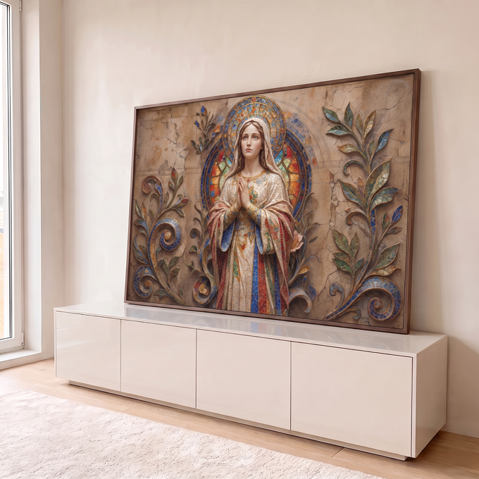 Nossa Senhora em prece feita em mosaico, halo de vitral e folhagens sobre parede bege, quadro decorativo