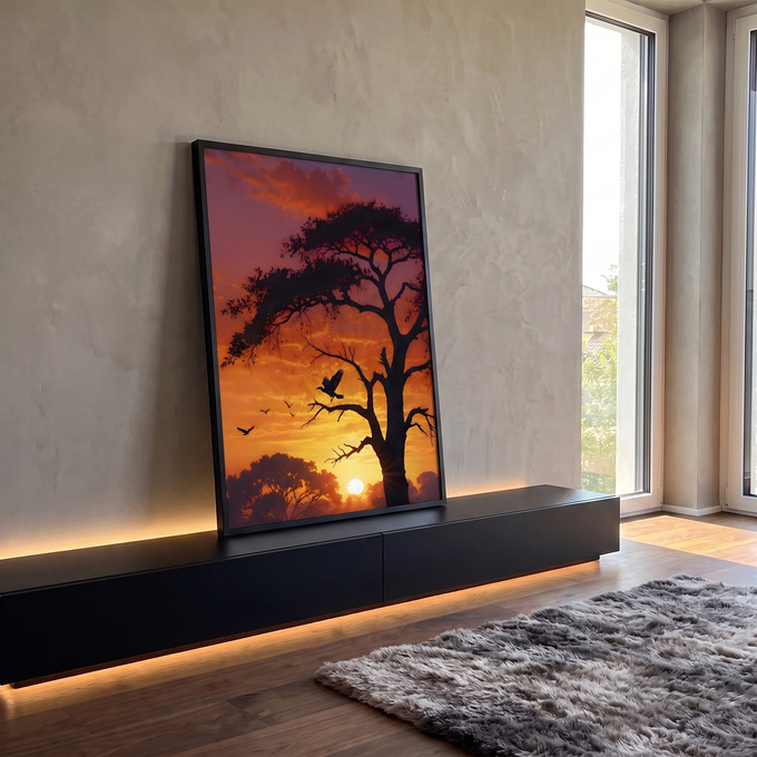 Árvore da savana em silhueta com pássaro em voo sob céu laranja de pôr do sol, quadro decorativo