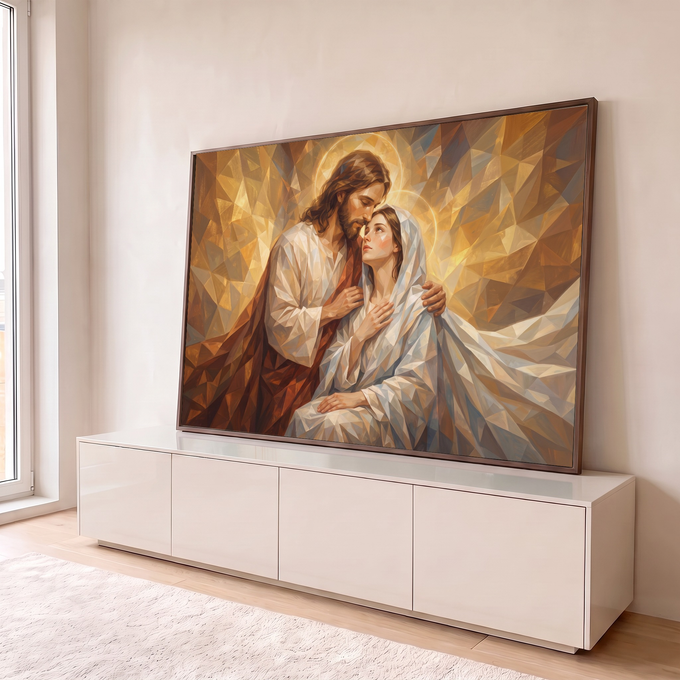 Quadro Decorativo Grande Jesus e Maria para Sala Dourado | quadros decorativos para sala | Jesus abraçando Maria em estilo geométrico dourado com auréolas | em Quadros para Sala | Porao dos Quadros