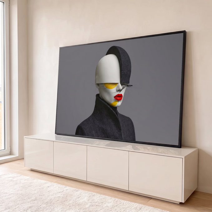 Quadro Decorativo Grande Manequim para Sala Branco | quadros decorativos para sala | rosto branco estilizado com maquiagem amarela, cílios pretos e lábios vermelhos vibrantes | em Quadros para Sala | Porao dos Quadros