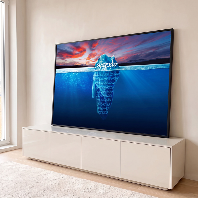 Iceberg com a palavra sucesso e frases submersas no mar azul sob pôr do sol, quadro decorativo